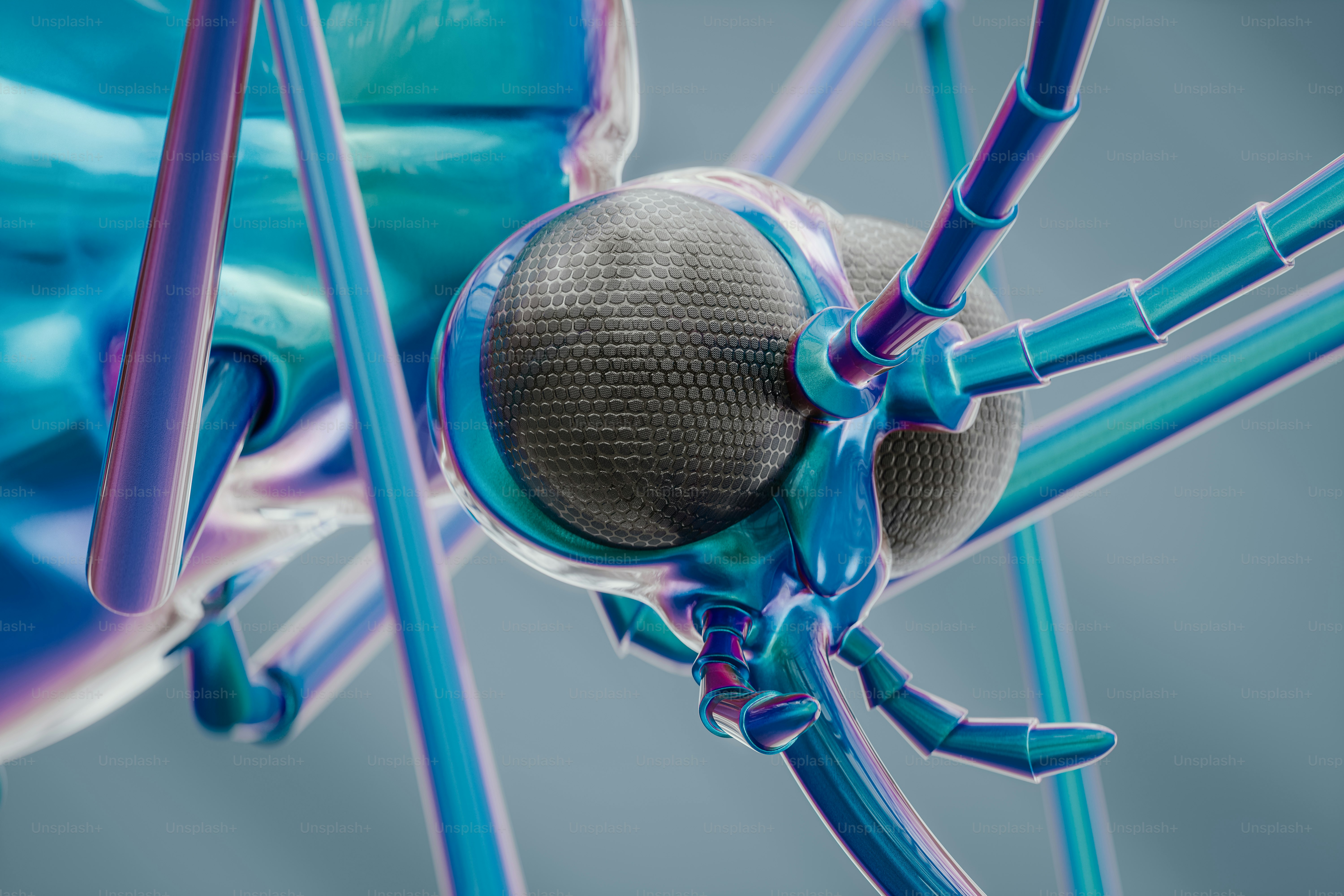 Detailed close-up portrait of the mosquito in creative iridescent material. 3D render.